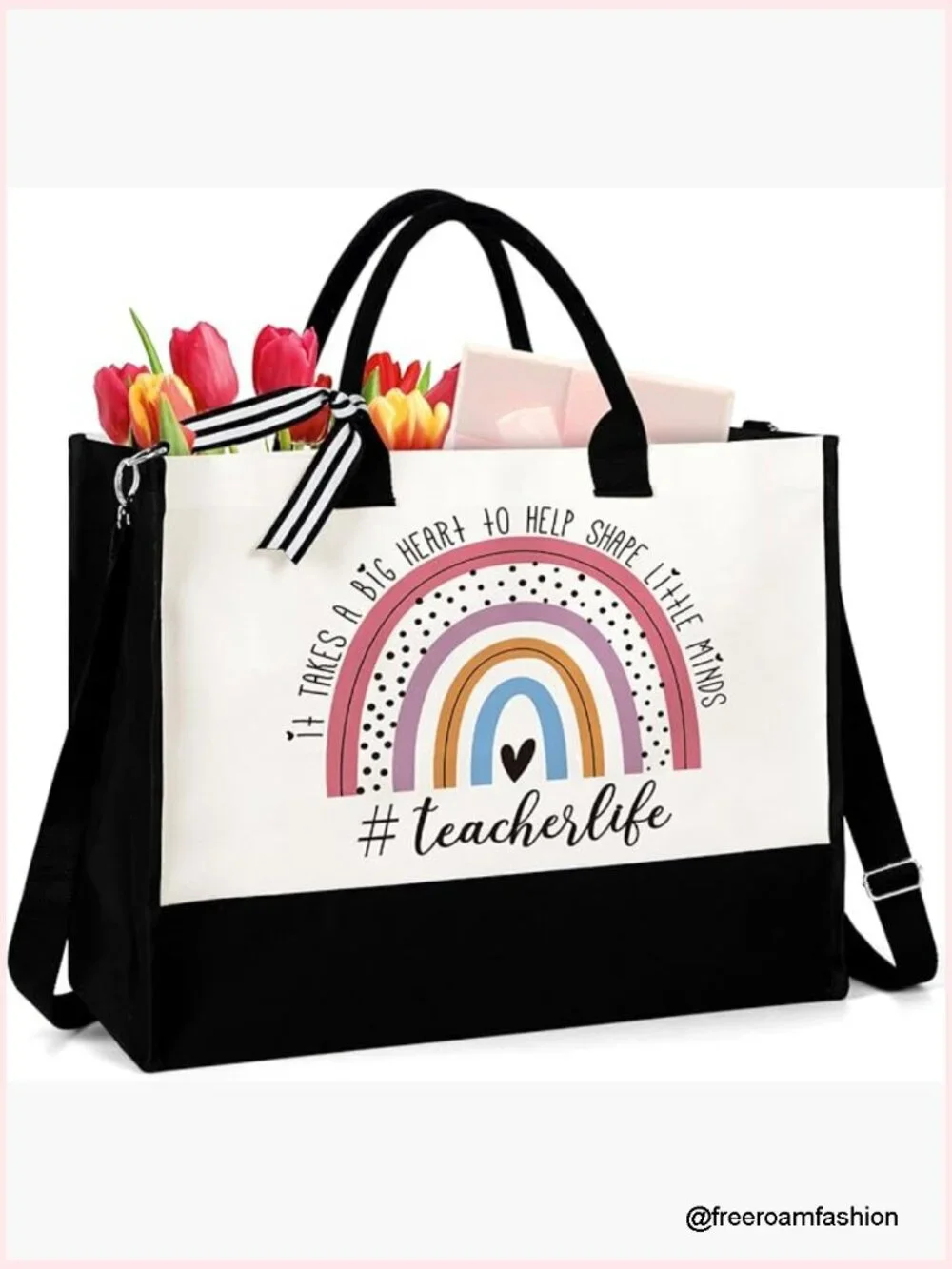 Large Canvas Tote Bag with Zipper Pocket Adjustable Strap Teacher Gift